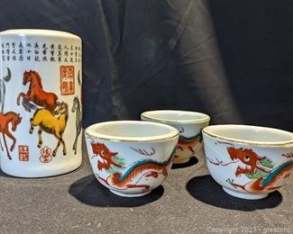 Chinese Hand Painted Porcelain Brush Pot Pen Holder and Dragon Sake Tea Cups