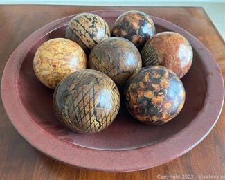Decorative Large Pottery Bowl with 7 Decorative Orbs