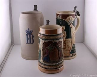Three Vintage German Beer Steins no Lids