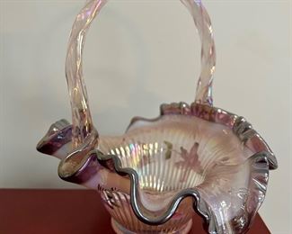 Fenton Glass Opalescent Basket Ribbon Candy Edge Hand Painted & Signed