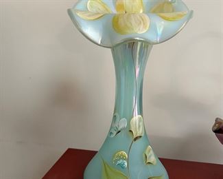 Fenton 7255 Iridescent Aquamarine Opalescent Glass Tulip Vase-100th Anniversary