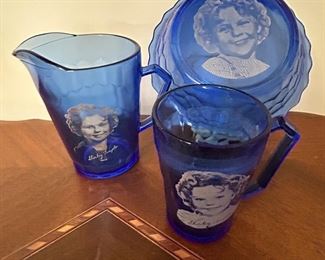 Shirley Temple Cobalt Blue Glass Breakfast Set - Bowl, Mug, Milk Pitcher 1930s