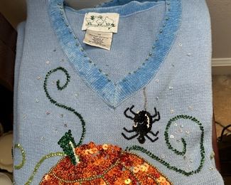Vintage The Quacker Factory Sequins Pumpkin Spider Fall Halloween Blue Sweater 