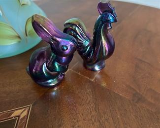 Fenton ROOSTER & BUNNY - SET -  MINI PLUM CARNIVAL GLASS  2 3/4"