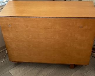 Mid century drop leaf table with drawer and 4 chairs stored inside