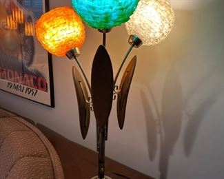 MCM Mid-Century Danish Modern Walnut Floor Lamp with Spaghetti Spun Colored Globes