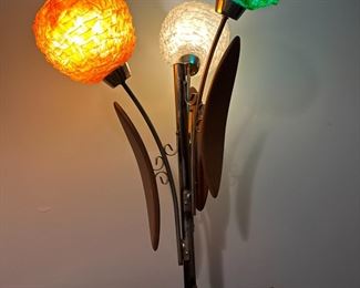 MCM Mid-Century Danish Modern Walnut Floor Lamp with Spaghetti Spun Colored Globes