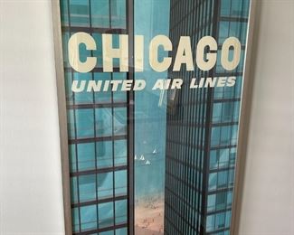1950s United Airlines Vintage Chicago Destination Poster, Printed on Linen