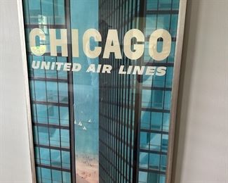 1950s United Airlines Vintage Chicago Destination Poster, Printed on Linen