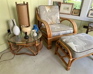 Round Bohemian Chic Bend & Wooven Bamboo Glass Top Coffee Table Magazine Stand With Bamboo Arm Chair & Ottoman