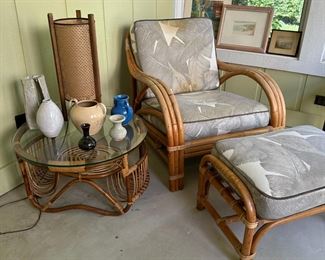 Round Bohemian Chic Bend & Wooven Bamboo Glass Top Coffee Table Magazine Stand With Bamboo Arm Chair & Ottoman