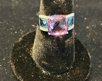 Stauer 14k white gold, blue topaz, amethyst & diamond ring