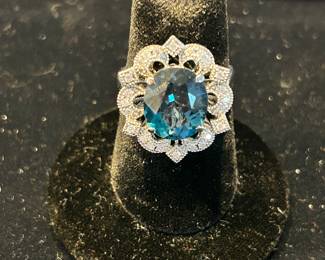 Stauer 14k white gold, blue topaz & diamond ring 
