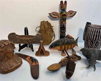 12 X 6 Hand Carved Primitive Totem Pole, Hand Carved Pipe, Antique Hand Carved Book Ends, Boomerang 
