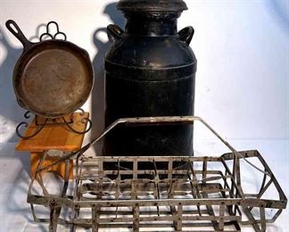 Antique Metal Milk cream Can 25 Tall, Milk Glass Carrier, Cast Iron Skillet 