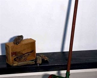 Antique Push Mower, Antique Hand Corn Huskers, Hayhook, And A Grain Spike