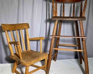Antique Wooden Childs Chair And Highchair
