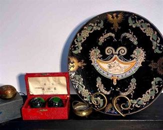 Chinese Meditation Balls, Egg Shaped Paperweight, An Antique Handpainted Porcelain Plate