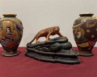 Oriental Decor, Including Twin Handpainted Serpent Vases