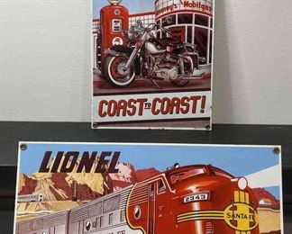Retro Ande Rooney Travel The USA Coast To Coast Mobil Motorcycle And Lionel Sante Fe Train Metal Sign 