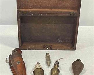 Set Of Vintage Brass Plumb Bobs With Box And Leather Holder