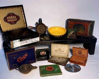 Vintage Ashtrays And Tin Cigarettes Lucky Stike, Chesterfield, Buckingham Boxes