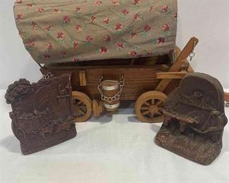 Vintage Bookends With Wood Covered Wagon Replica