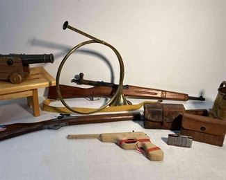 Vintage Brass Hunting Horn, Copper And Brass Vessel, Vintage Guns, Vintage WWII Ammo Pouch, 1943 Leather Rifle Pouch