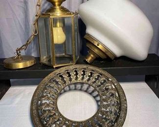 Vintage Lighting, Includes MissionStyle Chandelier, Large OverheadWhite GlassLighting Fixture, Brass