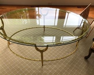 BRASS & GLASS COFFEE TABLE & MAG. RACK IN BACK