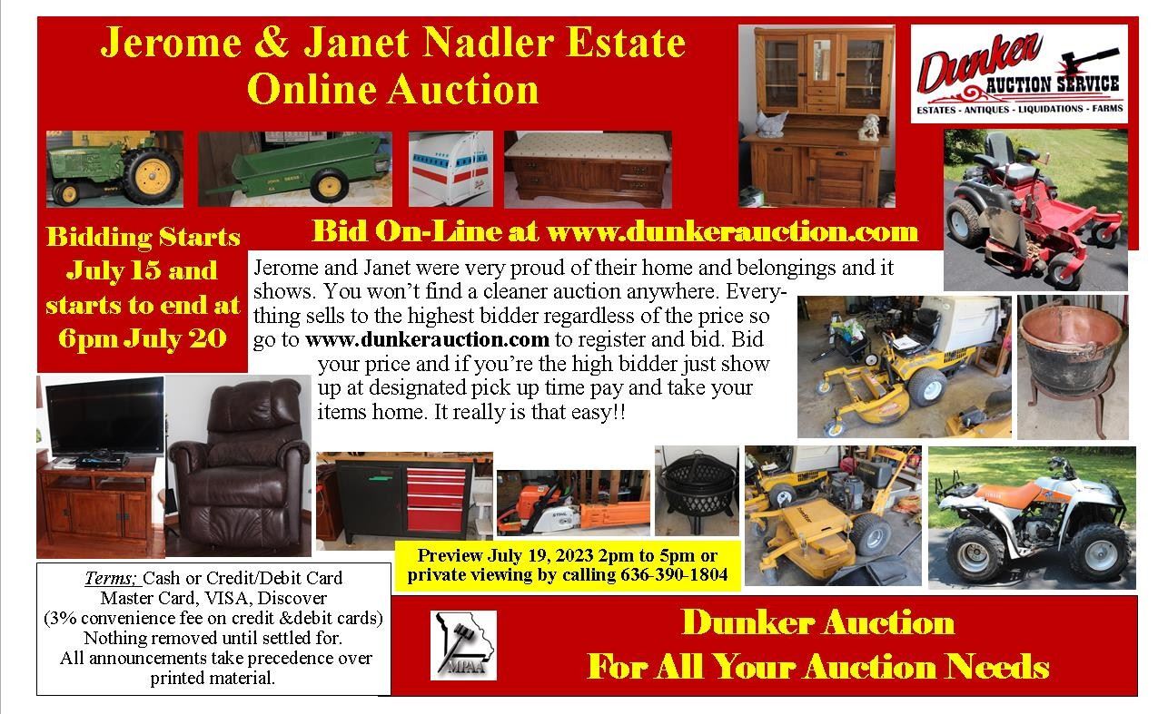 Nadler Estate Online Auction in Defiance, MO starts on 7/16/2023