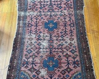 Wool Rug (maroon, blue w/ 3 blue flowers) - approx. 3' x 7'