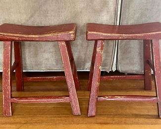 (2) Red Lacquer Chinese Joint Stools