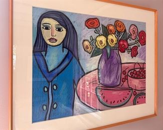 "Lady with Flowers & Watermelon" Signed Colin (George Colin) Pastel on Paper