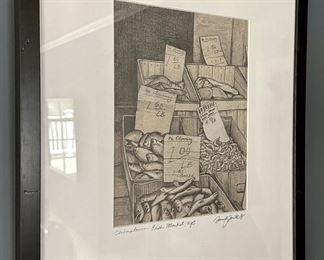 Chinatown Fish Market, NYC Pencil Drawing Signed Sandy Smith Garces