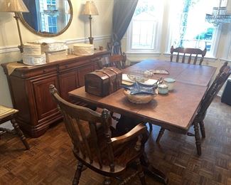 Take BIDS : Ethan Allen furniture DR Table + Chairs $450 Sideboard $250 and Mirror $125