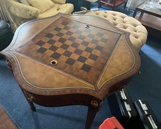 Maitland Smith Regency Inlay Chess/Card game table with board and checker pieces, a little wear near the drawer but easy touch up