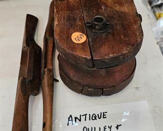 ANTIQUE PULLEY AND SCRAPERS