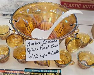 AMBER CARNIVAL GLASS PUNCH BOWL WITH TWELVE CUPS