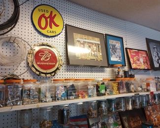 Man cave decor, including signs