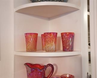 Indiana carnival glass picture tumbler set. Blue carnival bowl