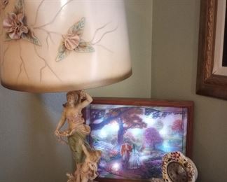 Lighted Thomas kinkade picture antique clock and Auguste Moreau Franchise Spelter statue lamp (2)