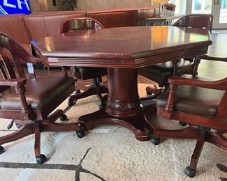 LARGE PEDESTAL BASE GAME TABLE AND SWIVEL CHAIRS