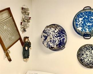 Vintage washboard, blue & white enamelware, etc.
