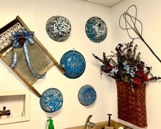 Vintage washboard, blue & white enamelware, rug beater, etc.