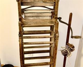 Antique wooden wash stand with wringer, antique washing stick, wooden shelf