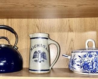 Blue tea kettle, Michigan pitcher, blue & white porcelain casserole