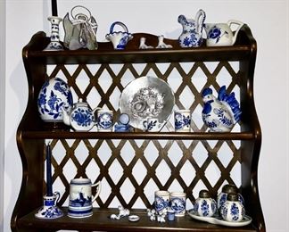 Blue & white porcelain collectibles, misc. decor, wooden shelf