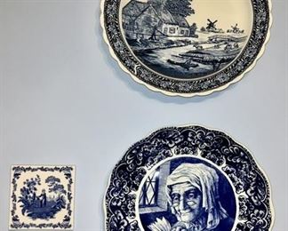 Vintage blue & white large hand decorated plates