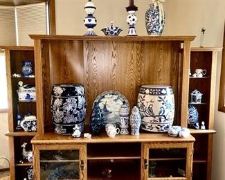 Large Entertainment cent with dish compartments, blue & white porcelain/ceramic collectibles including side tables